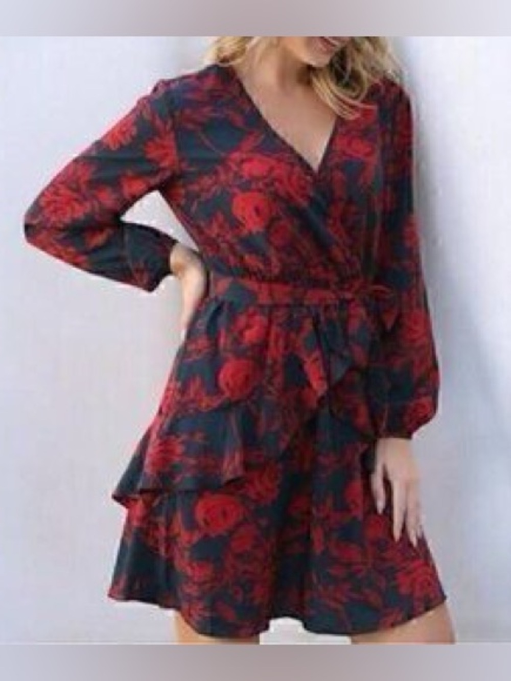 Uguest Women's Black/Red Floral Wrap Tiered Long-Sleeve Dress Medium